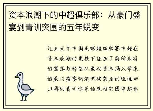 资本浪潮下的中超俱乐部：从豪门盛宴到青训突围的五年蜕变