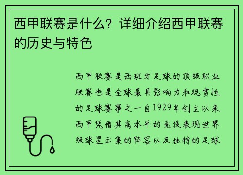 西甲联赛是什么？详细介绍西甲联赛的历史与特色